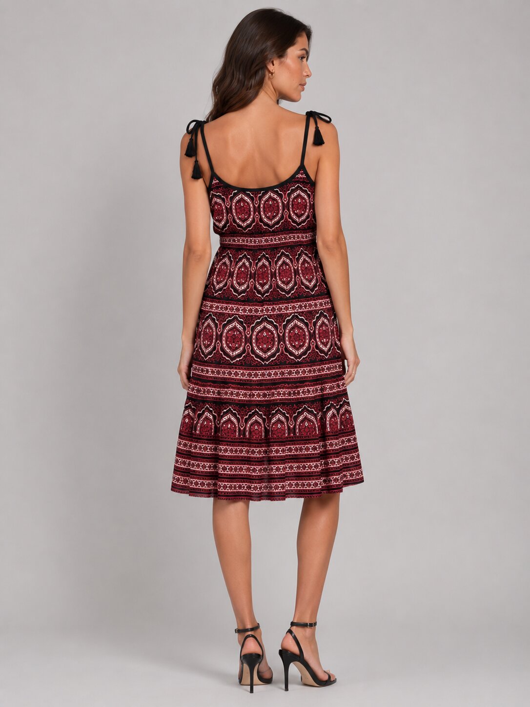 Porsorte Womens Red Rayon Printed Tie Up Strappy Casual Dress