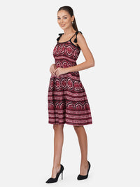 Porsorte Womens Red Rayon Printed Tie Up Strappy Casual Dress