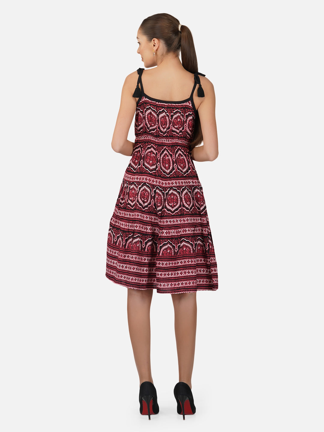Porsorte Womens Red Rayon Printed Tie Up Strappy Casual Dress