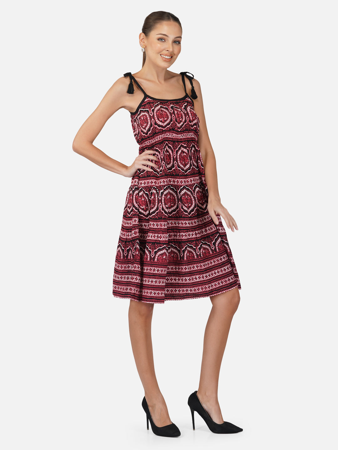 Porsorte Womens Red Rayon Printed Tie Up Strappy Casual Dress