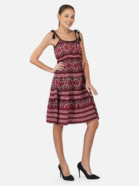 Porsorte Womens Red Rayon Printed Tie Up Strappy Casual Dress