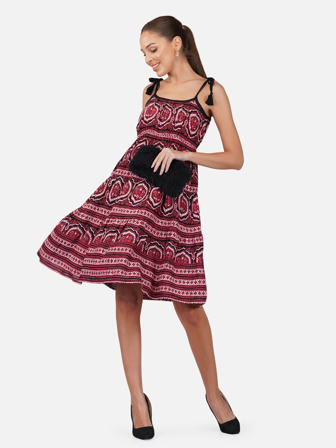 Porsorte Womens Red Rayon Printed Tie Up Strappy Casual Dress