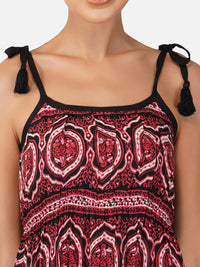 Porsorte Womens Red Rayon Printed Tie Up Strappy Casual Dress