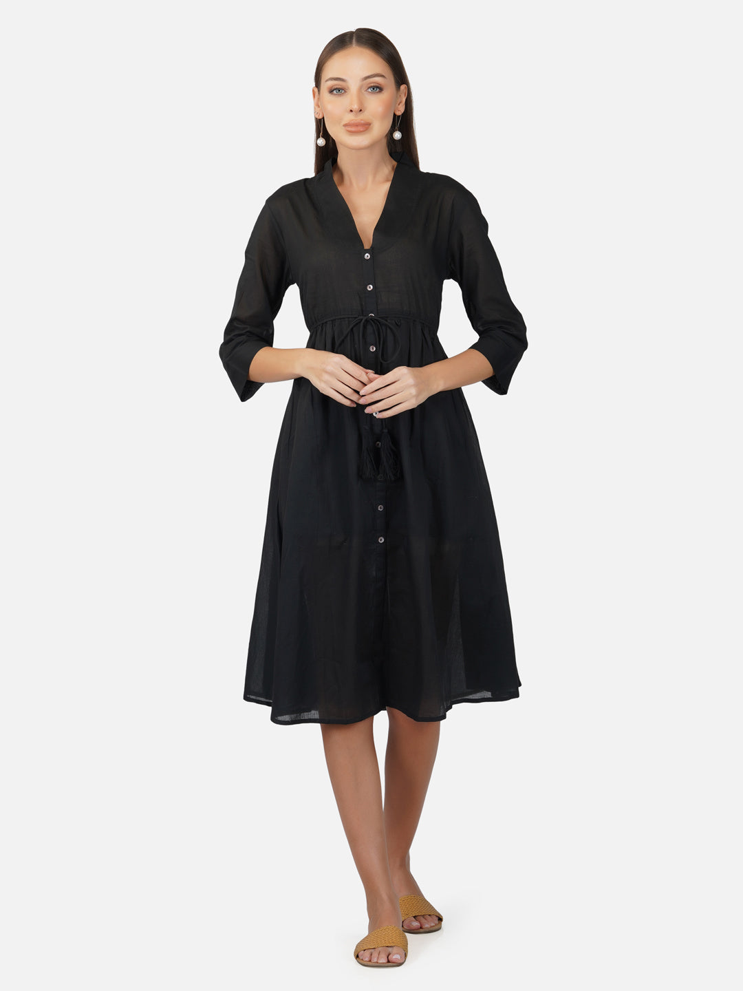 Porsorte Womens Cotton Voile Black Casual Button Down Shirt Dress