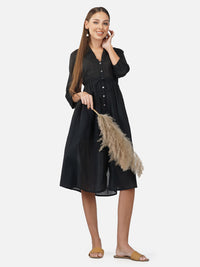Porsorte Womens Cotton Voile Black Casual Button Down Shirt Dress