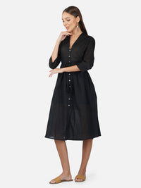 Porsorte Womens Cotton Voile Black Casual Button Down Shirt Dress
