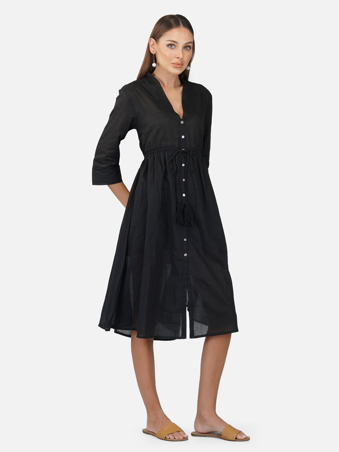 Porsorte Womens Cotton Voile Black Casual Button Down Shirt Dress