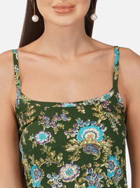 Porsorte Womens Rayon Tropical Green Printed Long Strappy Casual Dress