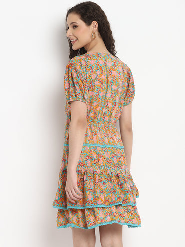 Porsorte Womens Rayon Orange Ditsy Print Multi Layered Casual Dress