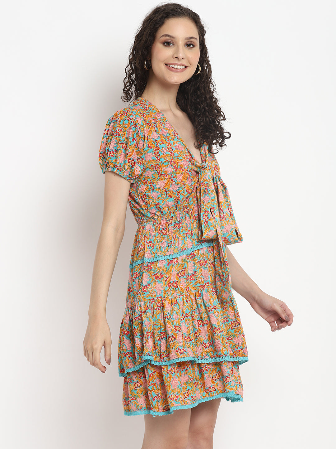 Porsorte Womens Orange Ditsy Print Multi Layered Casual Dress