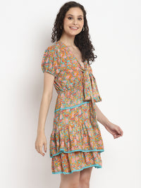 Porsorte Womens Orange Ditsy Print Multi Layered Casual Dress