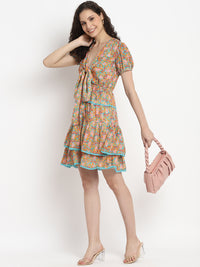 Porsorte Womens Orange Ditsy Print Multi Layered Casual Dress