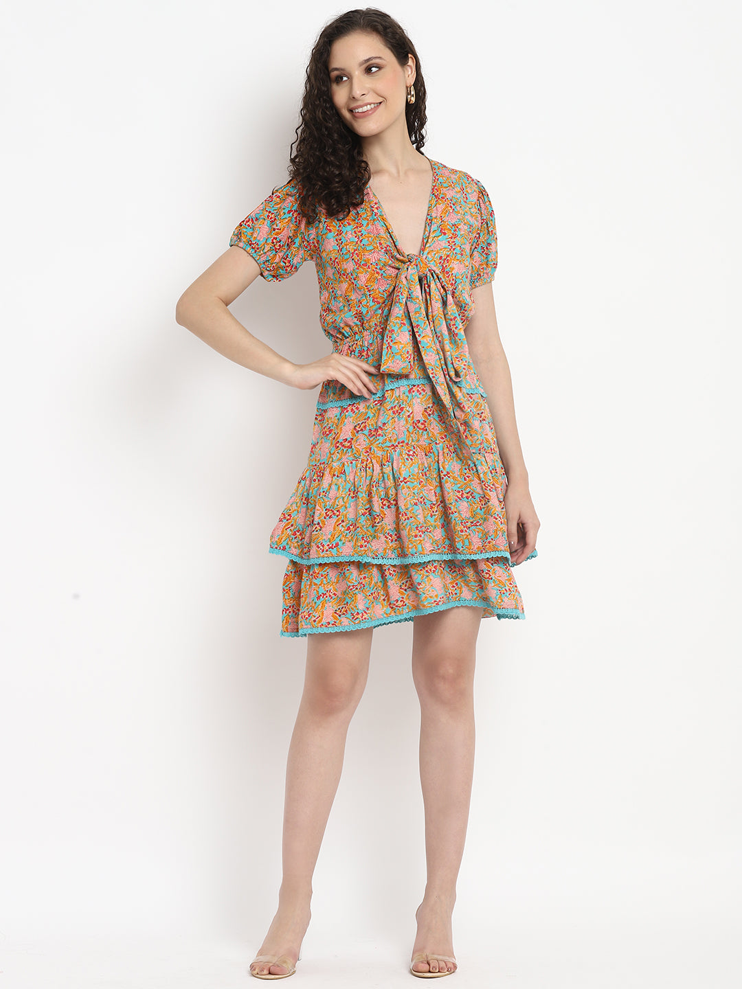 Porsorte Womens Orange Ditsy Print Multi Layered Casual Dress
