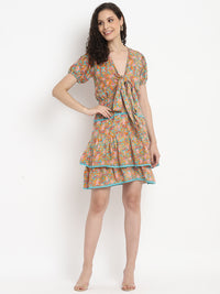 Porsorte Womens Orange Ditsy Print Multi Layered Casual Dress