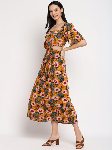 Porsorte Womens Orange Floral Print Rayon Casual Maxi Dress