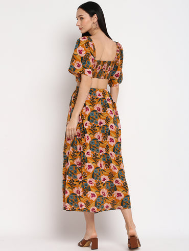 Porsorte Womens Orange Floral Print Rayon Casual Maxi Dress