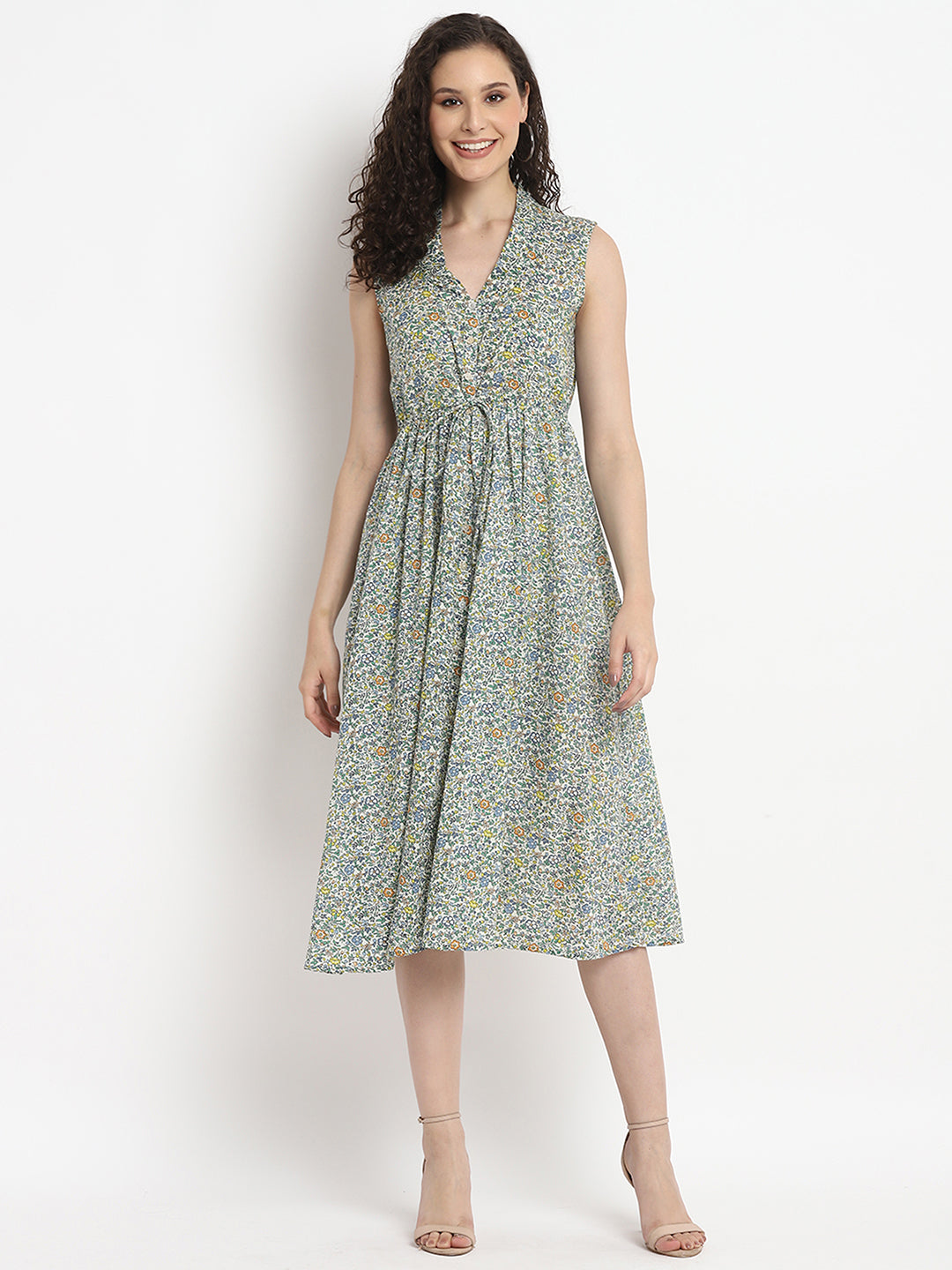 Porsorte Womens Ditsy Print Front Flap Tie Up Casual Dress