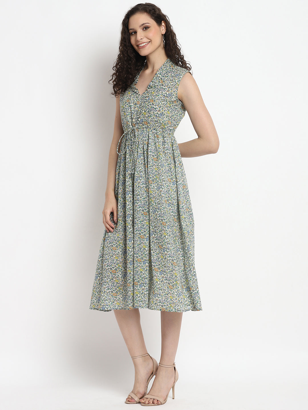 Porsorte Womens Ditsy Print Front Flap Tie Up Casual Dress