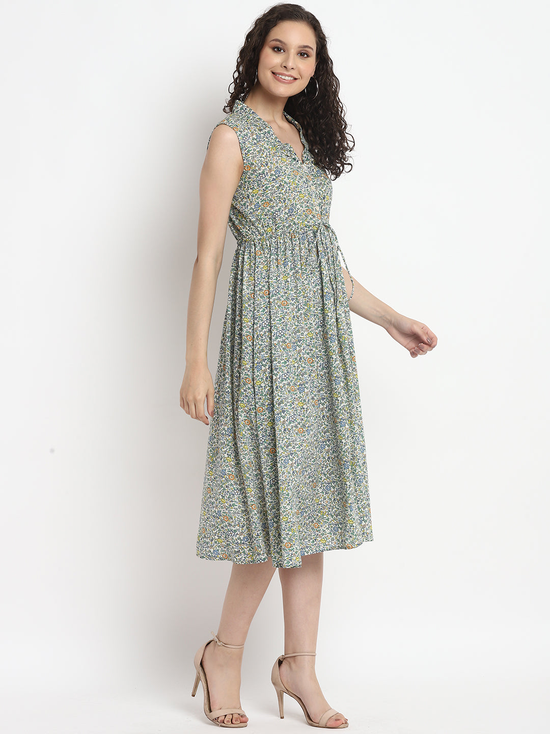 Porsorte Womens Ditsy Print Front Flap Tie Up Casual Dress