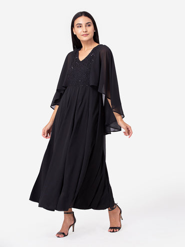 Porsorte Womens Partywear Black Maxi Dress