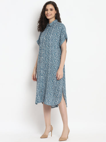 Porsorte Womens Ditsy Print Loose Fit Light Blue Shirt Dress