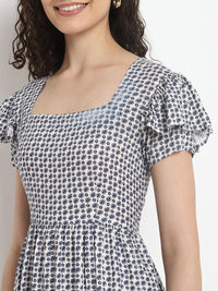 Porsorte Womens Ditsy Print White bluse Knee lenght Flap Sleeve Dress
