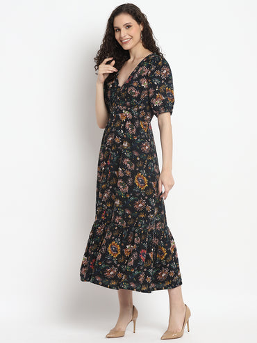 Porsorte Womens Floral Print Black Puff Sleeve Midi Dress