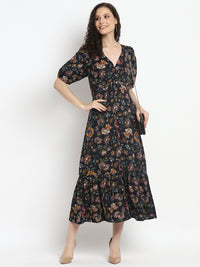 Porsorte Womens Floral Print Black Puff Sleeve Midi Dress