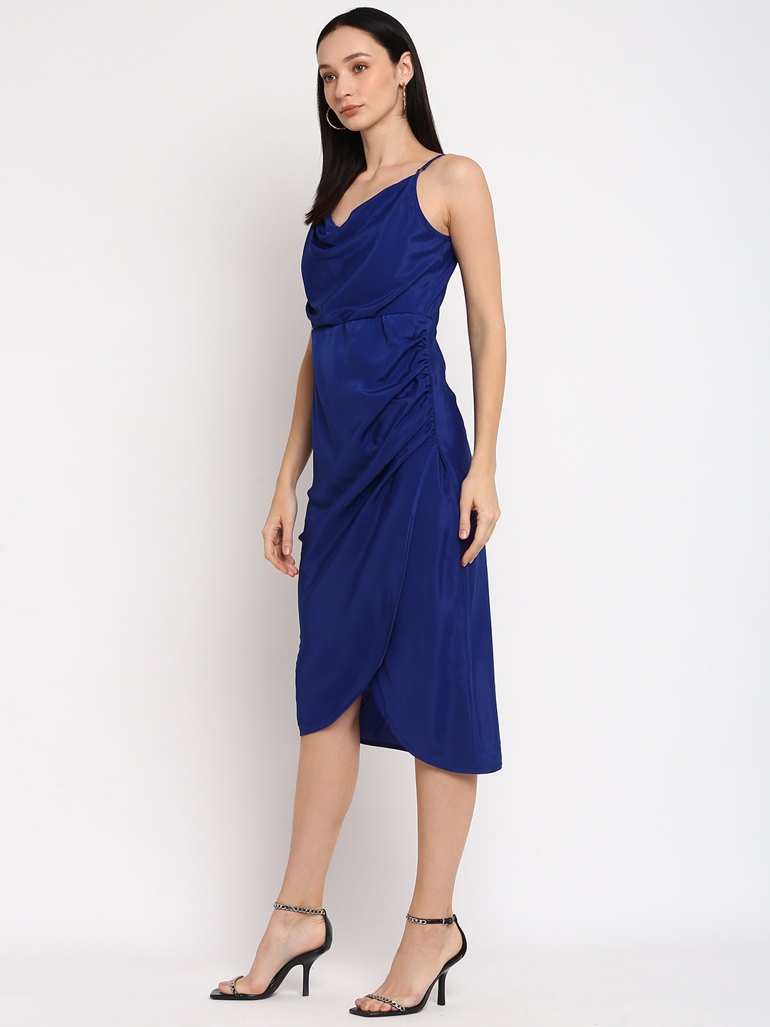 Porsorte Womens Partywear Cowl Neck Blue Midi Dress