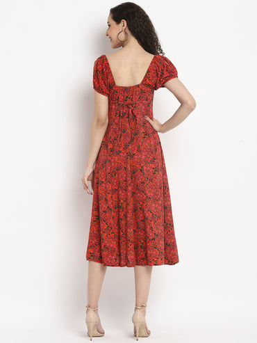 Porsorte Womens Floral Print Orange Puff Sleeve Midi Dress