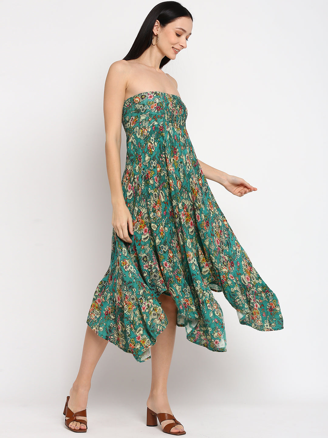 Porsorte Womens Green Printed High Low Tube Dress