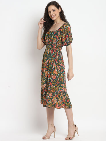 Porsorte Womens Tropical Green Printed Puff Sleeve Midi Dress