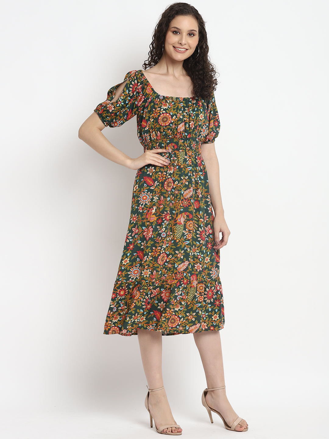 Porsorte Womens Tropical Green Printed Puff Sleeve Midi Dress