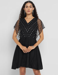 Porsorte Womens Aline Black Fit and Flare Embellished Party Dress