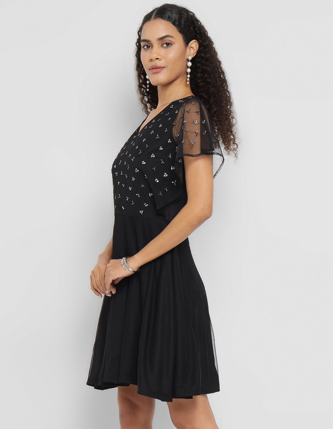Porsorte Womens Aline Black Fit and Flare Embellished Party Dress