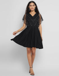 Porsorte Womens Aline Black Fit and Flare Embellished Party Dress