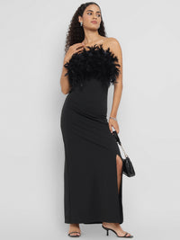 Porsorte Women's Black Strapless Gown with Feather Details & Thigh-High Slit