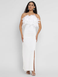 Porsorte Women's White Strapless Gown with Feather Details & Thigh-High Slit
