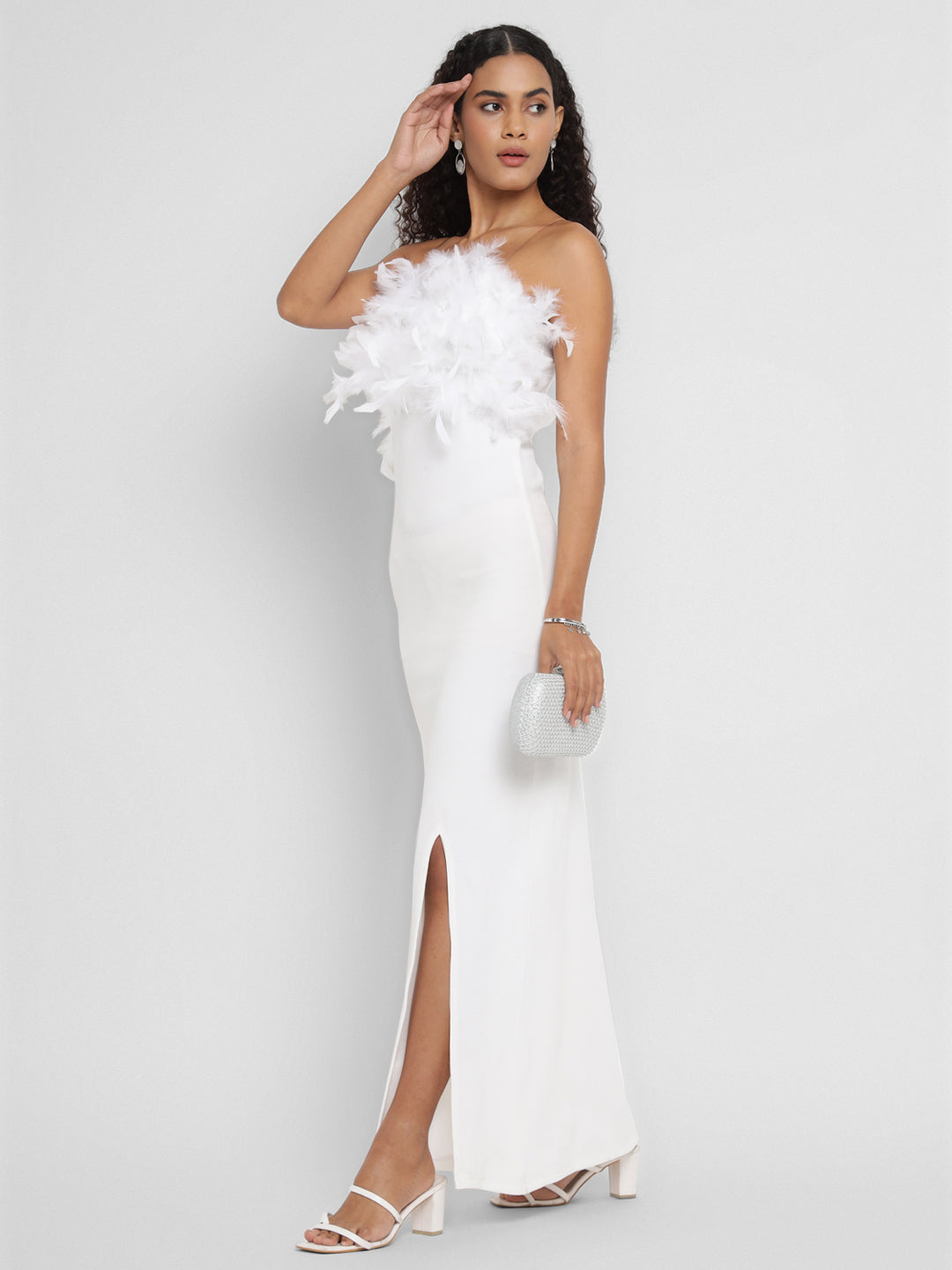 Porsorte Women's White Strapless Gown with Feather Details & Thigh-High Slit
