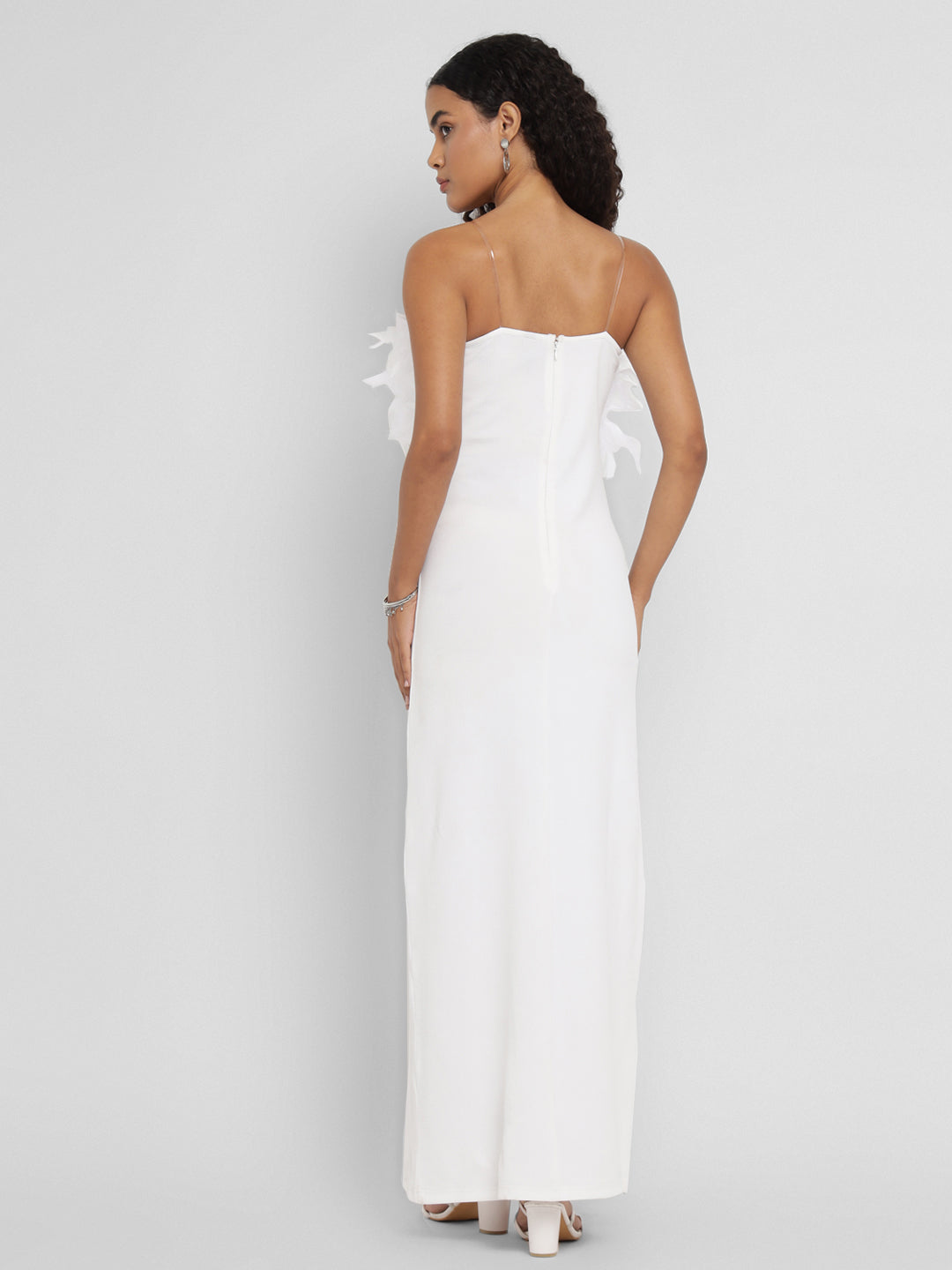 Porsorte Women's White Strapless Gown with Feather Details & Thigh-High Slit