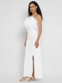 Porsorte Women's White Strapless Gown with Feather Details & Thigh-High Slit
