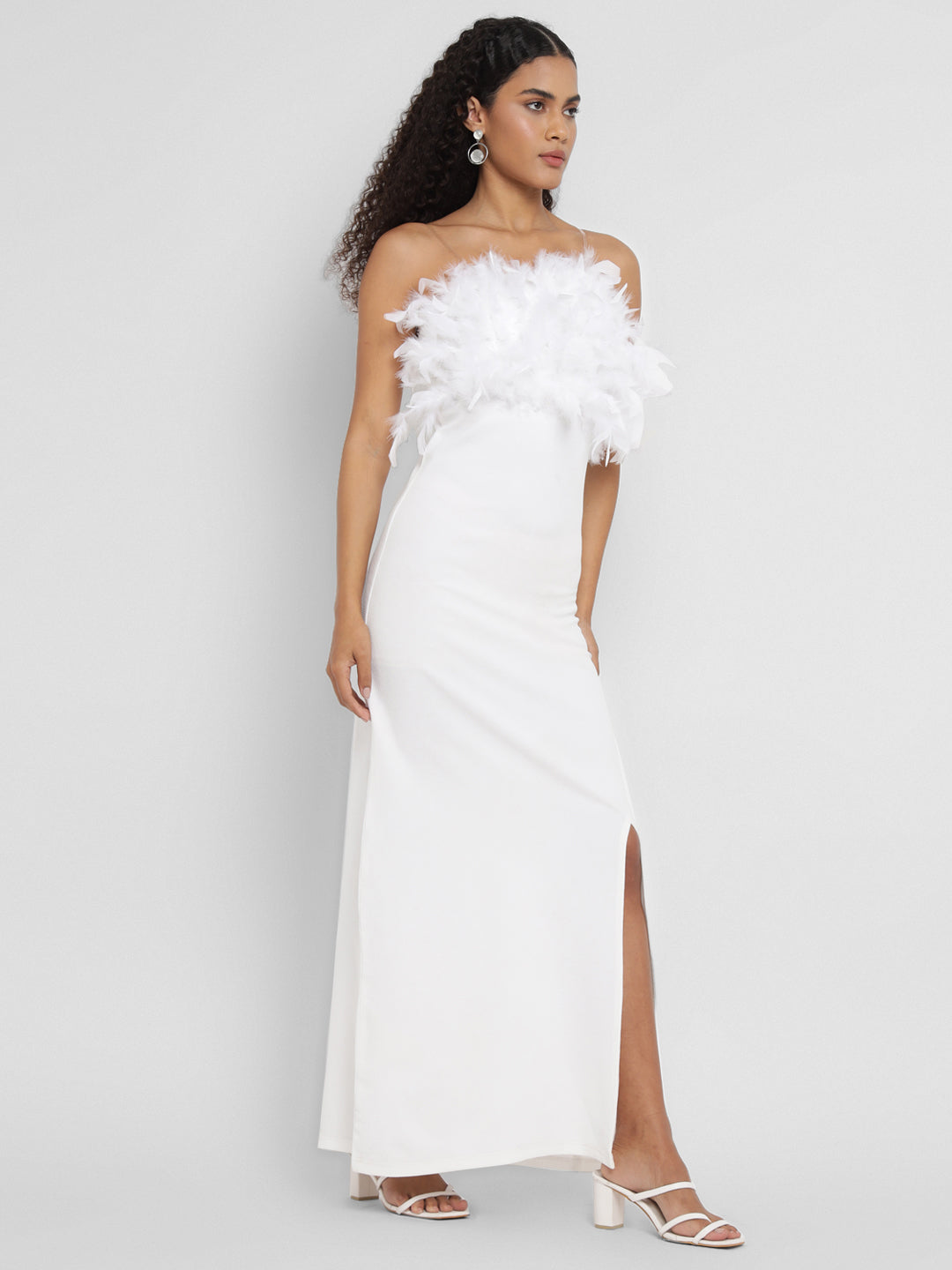 Porsorte Women's White Strapless Gown with Feather Details & Thigh-High Slit