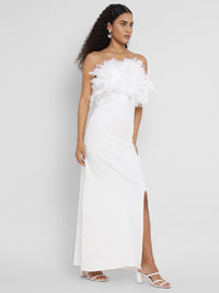 Porsorte Women's White Strapless Gown with Feather Details & Thigh-High Slit
