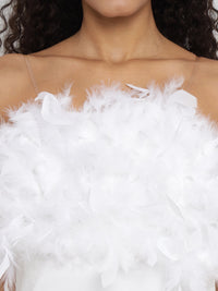 Porsorte Women's White Strapless Gown with Feather Details & Thigh-High Slit