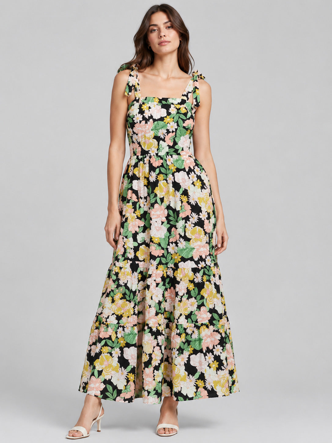 Women Floral Printed Spaghetti Strap Tiered Maxi Dress