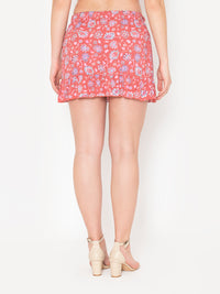 Porsorte Womens Red Rayon Floral Printed Flap Skirt
