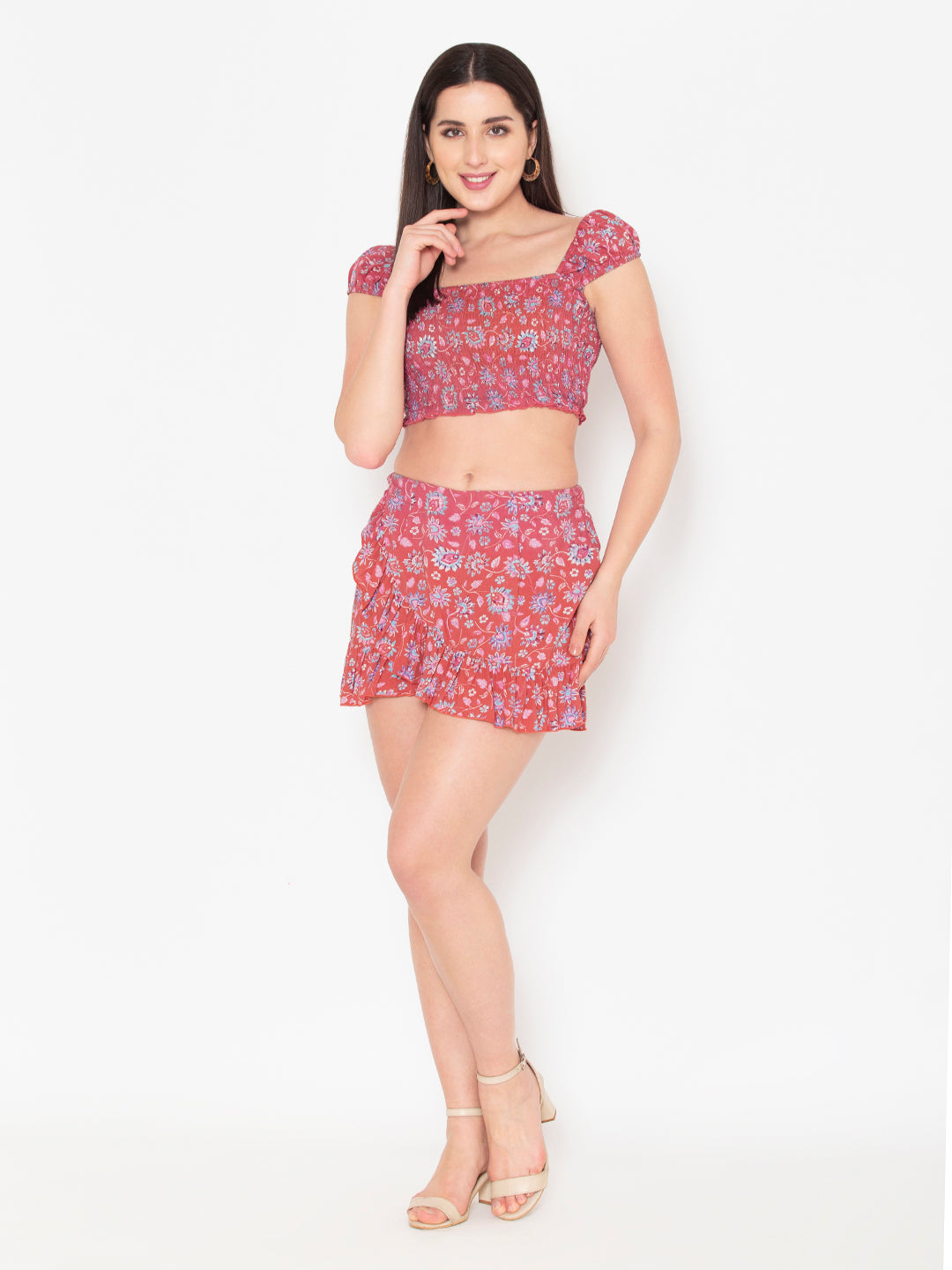 Porsorte Womens Red Rayon Floral Printed Flap Skirt