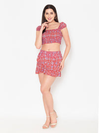 Porsorte Womens Red Rayon Floral Printed Flap Skirt