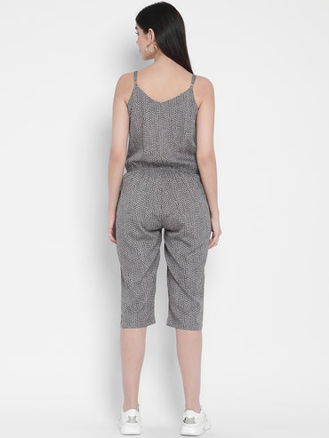 Porsorte Womens Spagetti Straps Poly Crepe Grey Printed Cullotes Jumpsuit