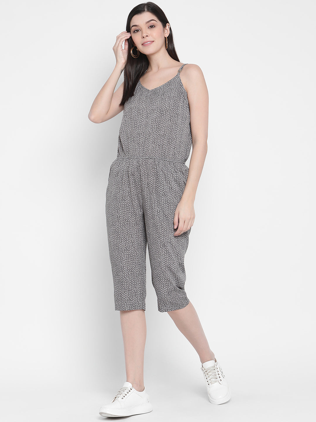Porsorte Womens Spagetti Straps Poly Crepe Grey Printed Cullotes Jumpsuit